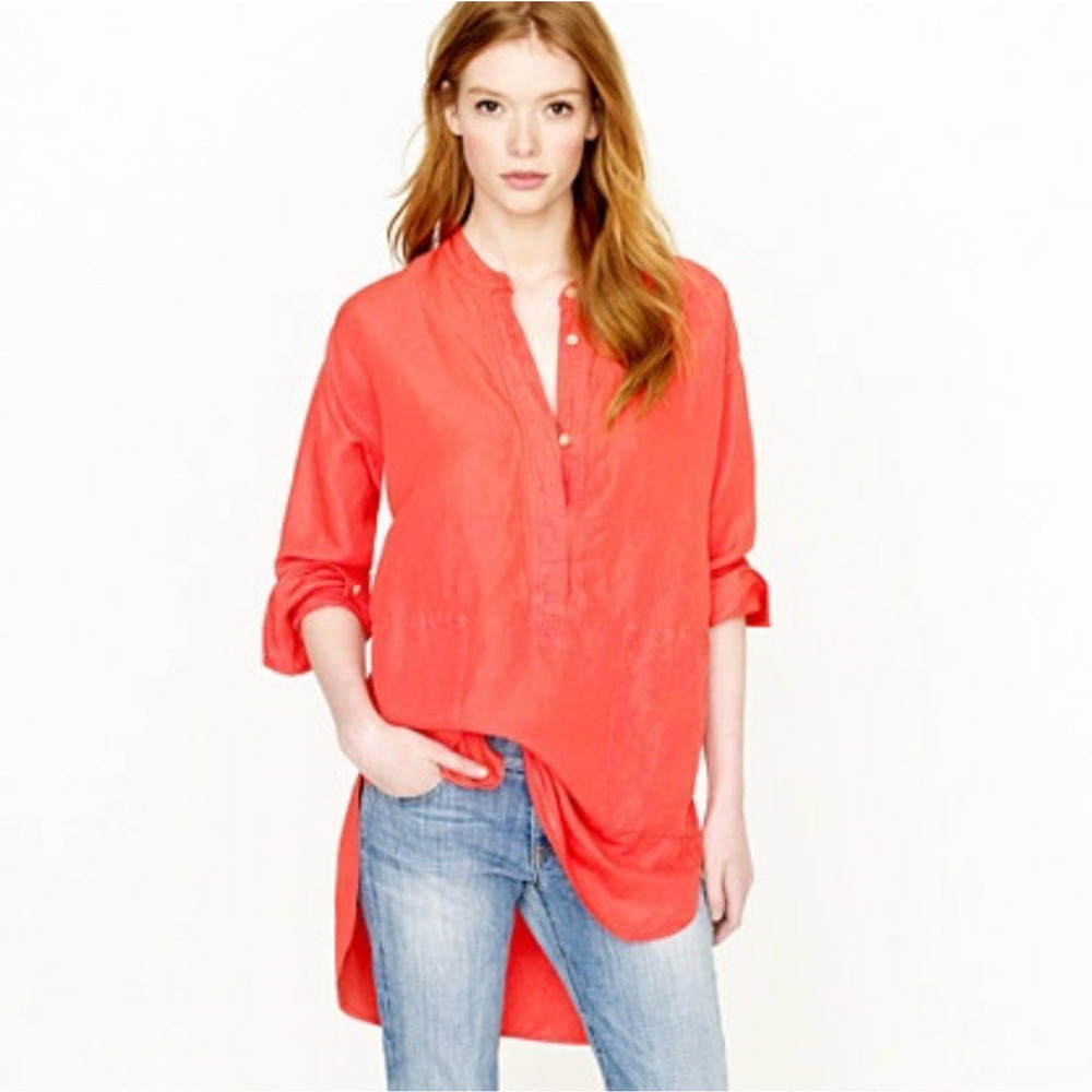 J Crew Womens Silk Linen Henley Tunic Top Blouse - Red-Orange Salmon, Size XS